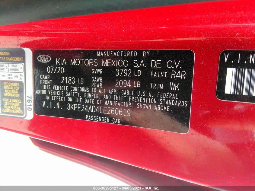 VIN 3KPF24AD4LE260619 2020 KIA FORTE LXS