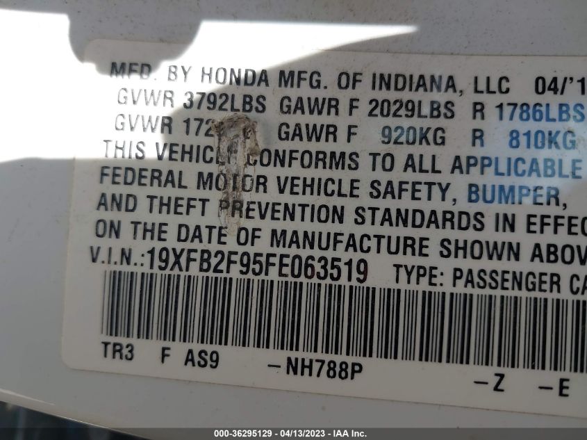 2015 HONDA CIVIC SEDAN EX-L - 19XFB2F95FE063519