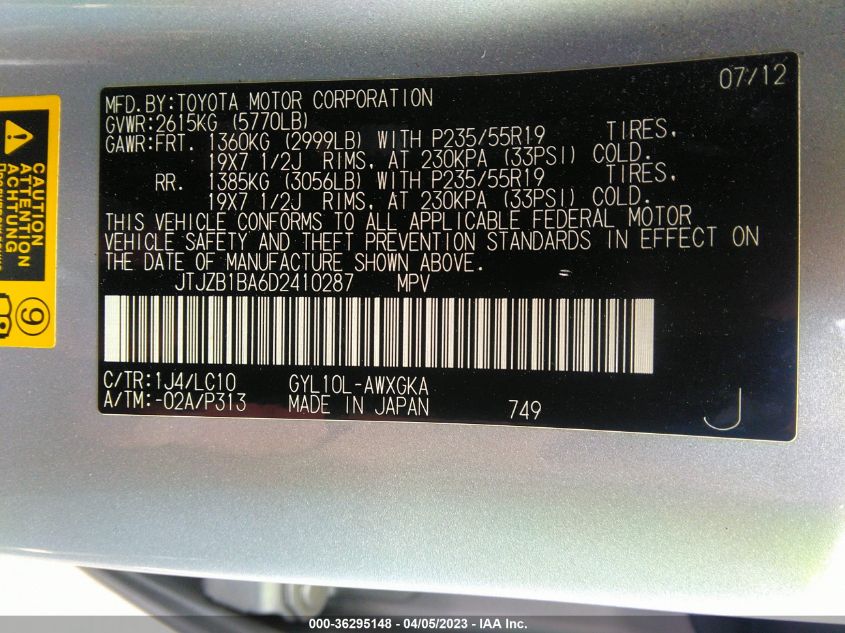 2013 LEXUS RX 450H JTJZB1BA6D2410287