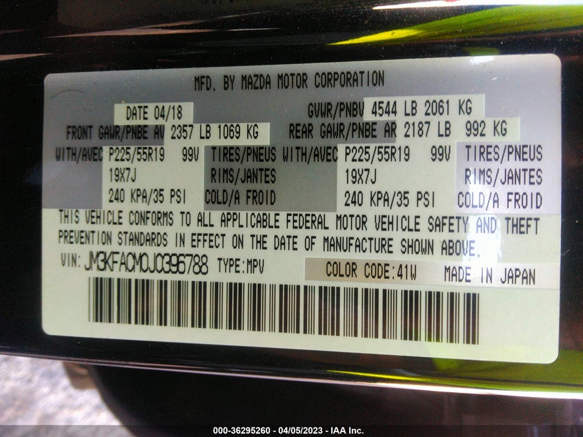 VIN JM3KFACM0J0396788 2018 MAZDA CX-5 TOURING