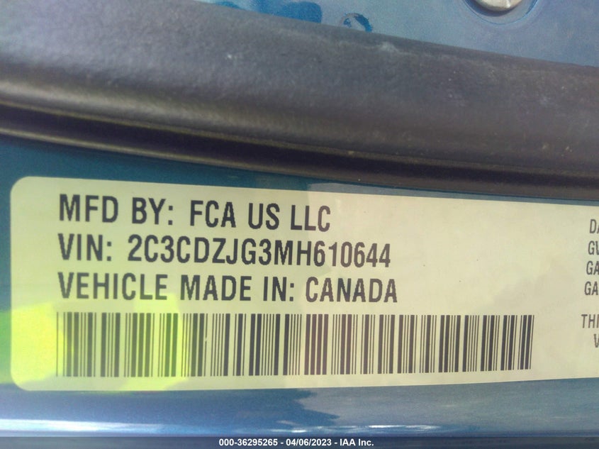VIN 2C3CDZJG3MH610644 2021 DODGE CHALLENGER GT