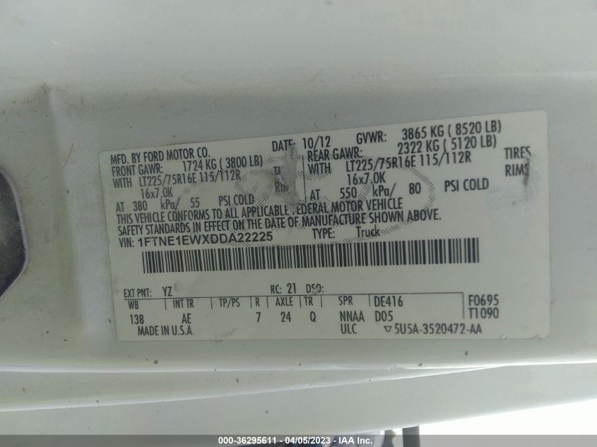 2013 FORD ECONOLINE CARGO VAN COMMERCIAL/RECREATIONAL 1FTNE1EWXDDA22225