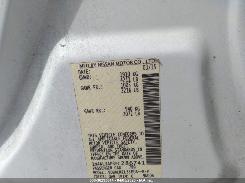 2015 NISSAN ALTIMA 2.5 SV - 1N4AL3AP3FC286741