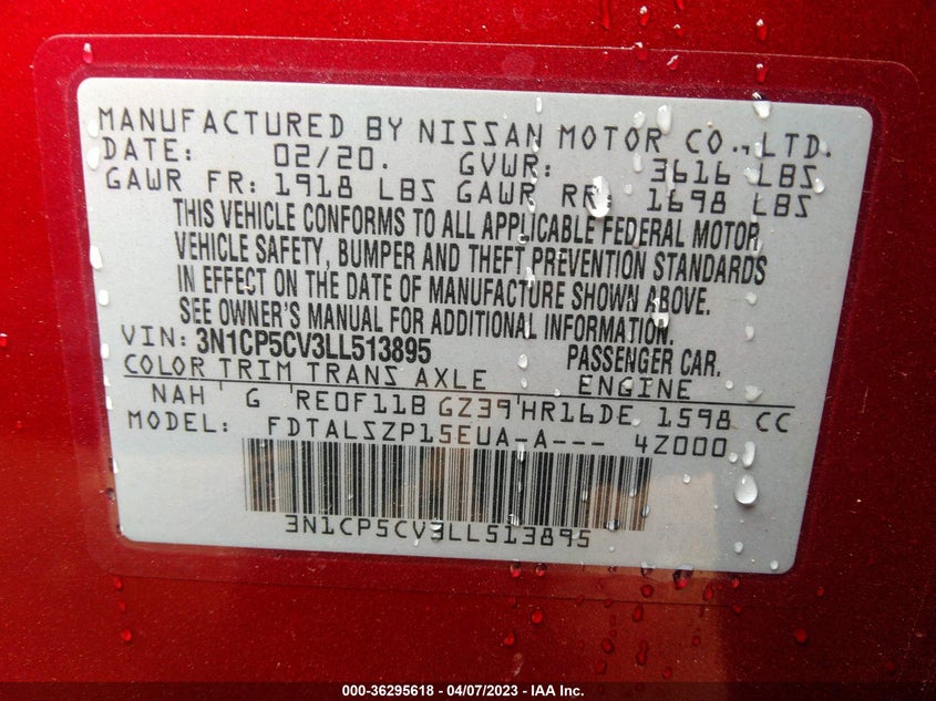 VIN 3N1CP5CV3LL513895 2020 NISSAN KICKS SV