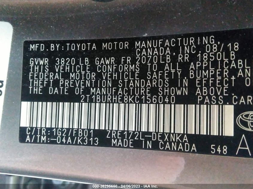 2019 TOYOTA COROLLA L/LE/SE/XLE/XSE - 2T1BURHE8KC156040
