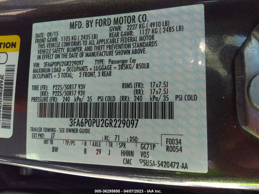2016 FORD FUSION ENERGI SE LUXURY - 3FA6P0PU2GR229097