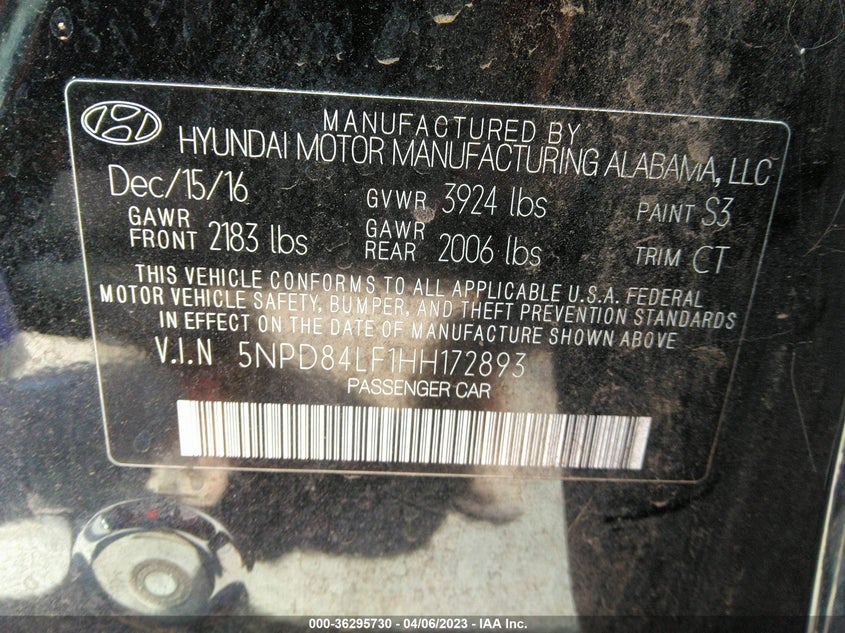 VIN 5NPD84LF1HH172893 2017 HYUNDAI ELANTRA VALUE EDITION