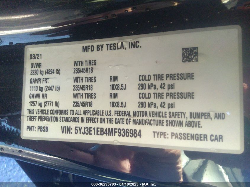 2021 TESLA MODEL 3 LONG RANGE - 5YJ3E1EB4MF936984