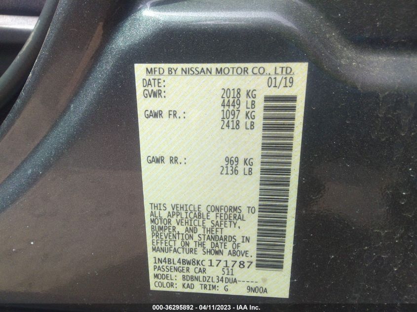 2019 NISSAN ALTIMA 2.5 S - 1N4BL4BW8KC171787
