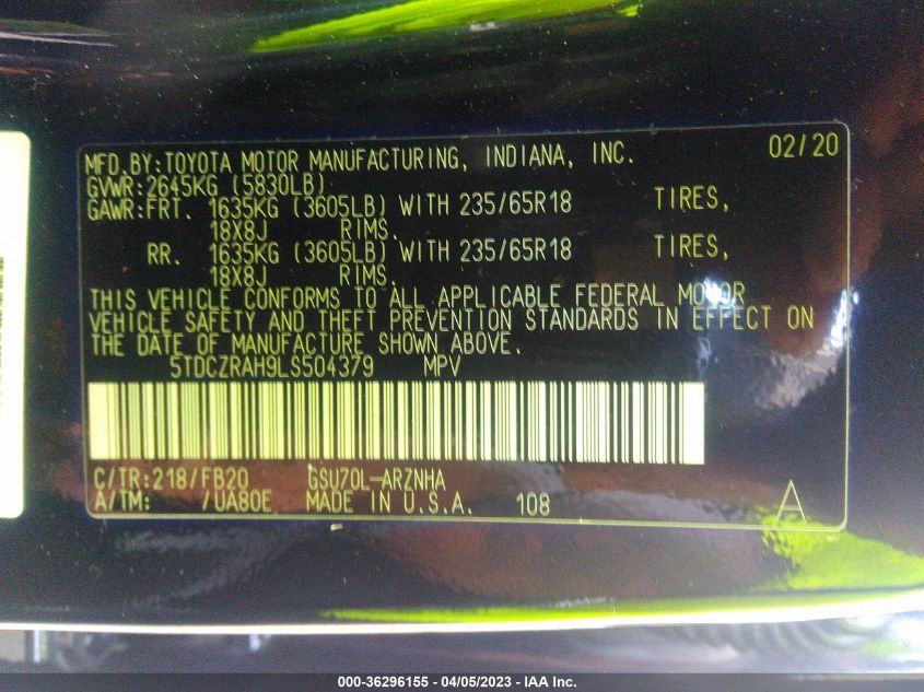 2020 TOYOTA HIGHLANDER L - 5TDCZRAH9LS504379