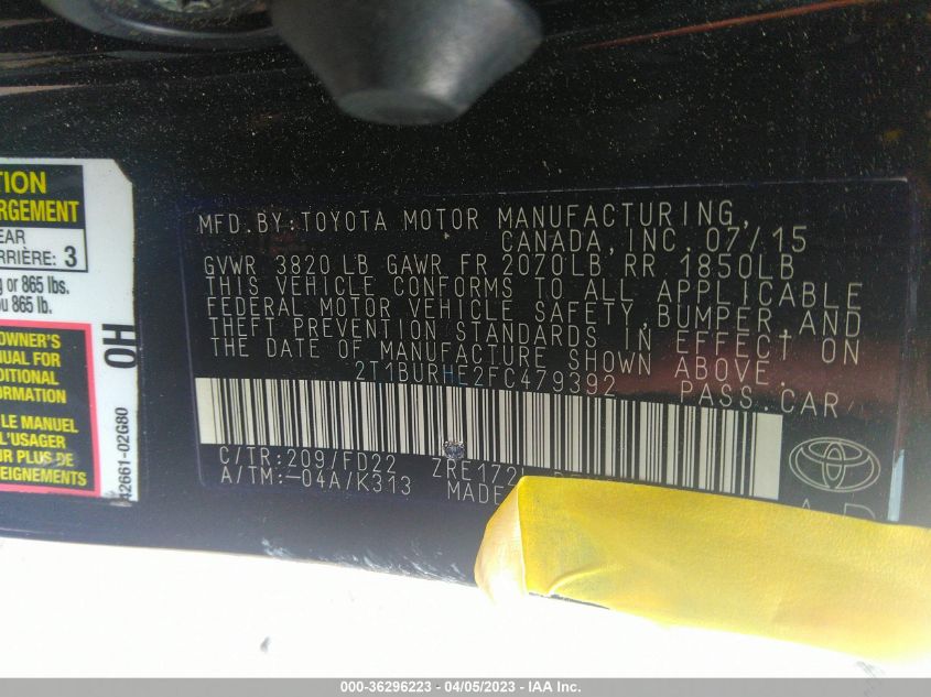 2015 TOYOTA COROLLA L/LE/S/S PLUS/LE PLUS - 2T1BURHE2FC479392