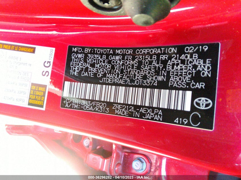 VIN JTDEPRAE7LJ013374 2020 TOYOTA COROLLA LE