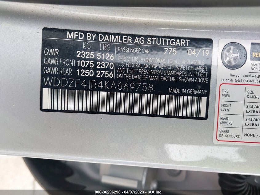 VIN WDDZF4JB4KA669758 2019 MERCEDES-BENZ E-CLASS E 300