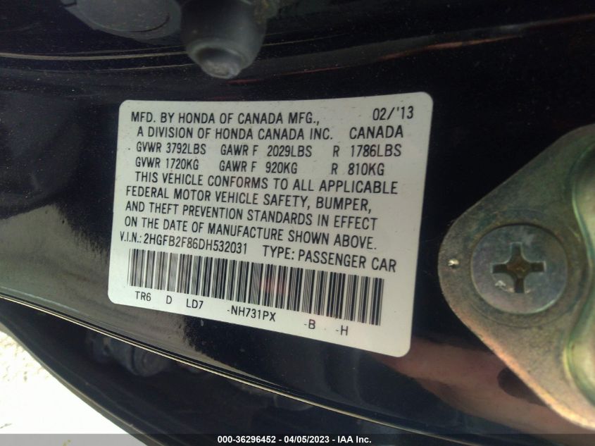 2013 HONDA CIVIC SDN EX - 2HGFB2F86DH532031