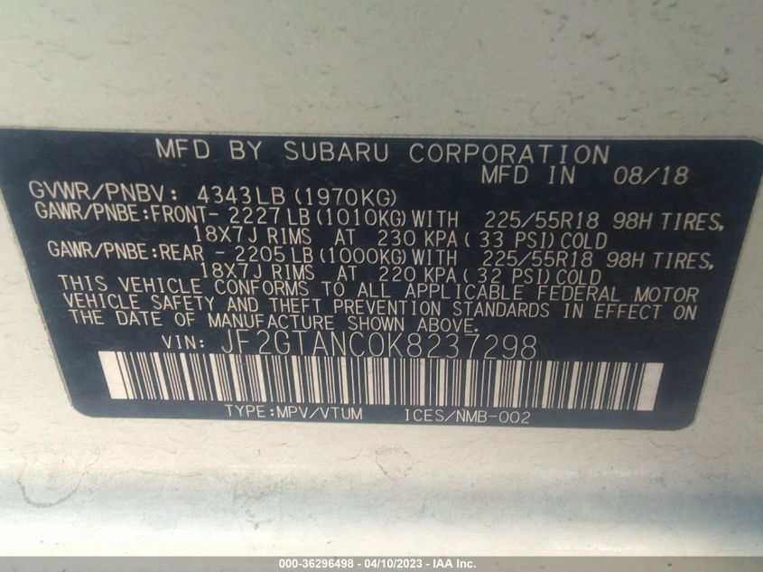 2019 SUBARU CROSSTREK LIMITED - JF2GTANC0K8237298