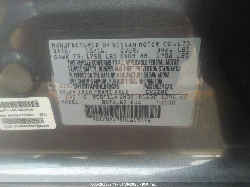 2017 NISSAN VERSA SEDAN SV - 3N1CN7AP8HL819973