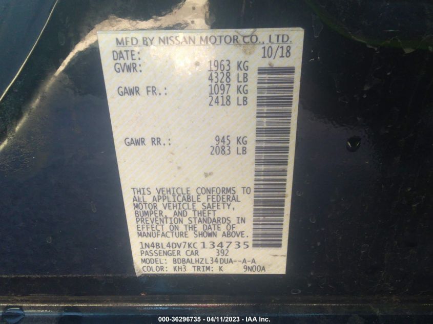 2019 NISSAN ALTIMA 2.5 SV - 1N4BL4DV7KC134735
