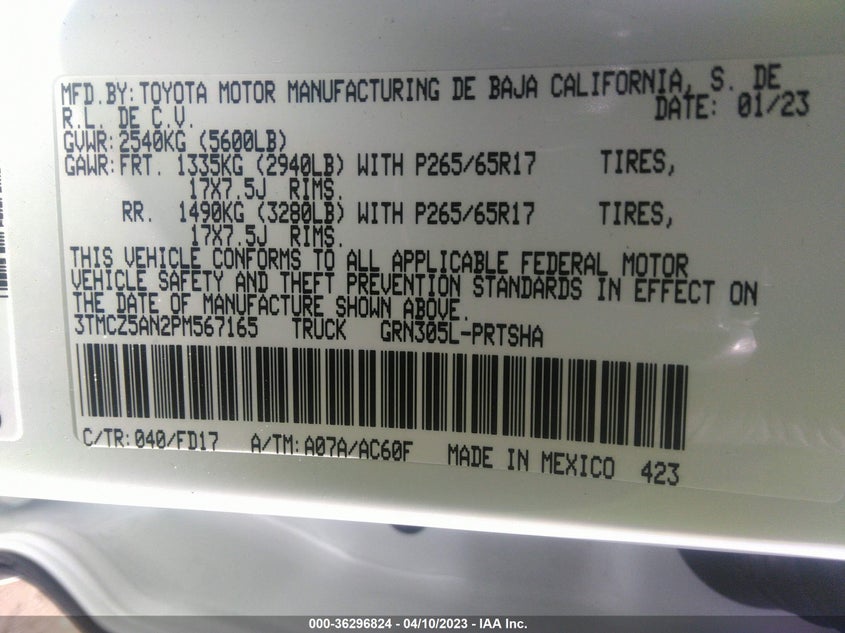 VIN 3TMCZ5AN2PM567165 2023 TOYOTA TACOMA 4WD SR/SR5/TRD SPORT