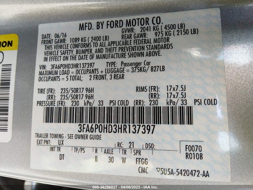 VIN 3FA6P0HD3HR137397 2017 FORD FUSION SE
