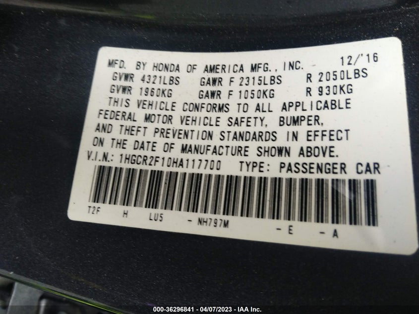 VIN 1HGCR2F10HA117700 2017 HONDA ACCORD SEDAN SPORT SE