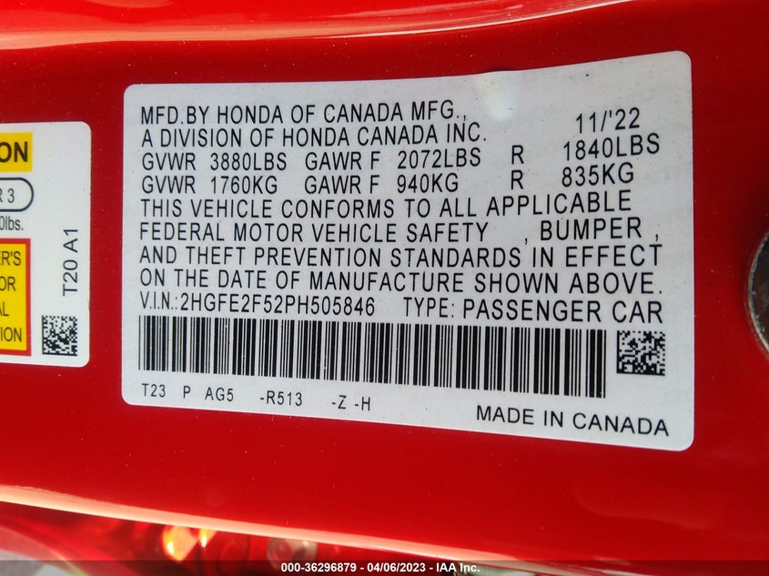 VIN 2HGFE2F52PH505846 2023 HONDA CIVIC SEDAN SPORT