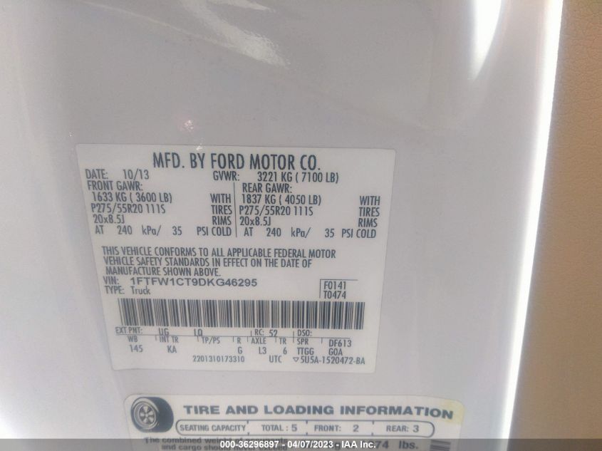 2013 FORD F-150 XL/XLT/FX2/LARIAT - 1FTFW1CT9DKG46295