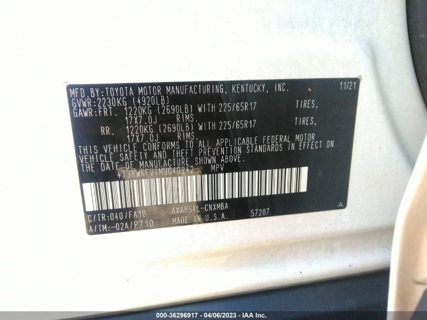 2021 TOYOTA RAV4 HYBRID XLE - 4T3RWRFV4MU040242