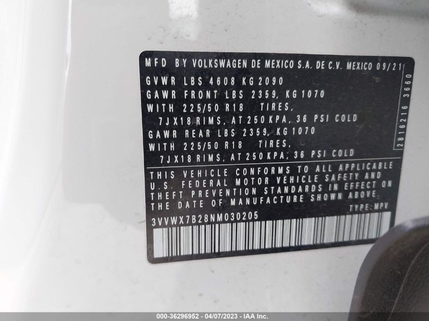 2022 VOLKSWAGEN TAOS SE - 3VVWX7B28NM030205
