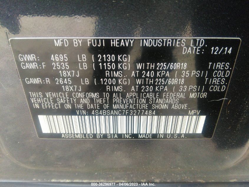 2015 SUBARU OUTBACK 2.5I LIMITED - 4S4BSANC7F3277484
