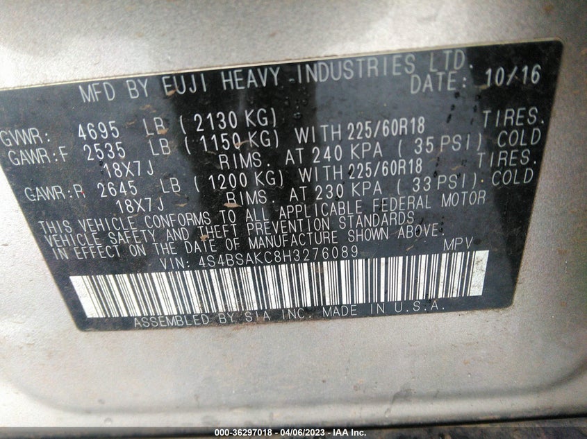 VIN 4S4BSAKC8H3276089 2017 SUBARU OUTBACK LIMITED
