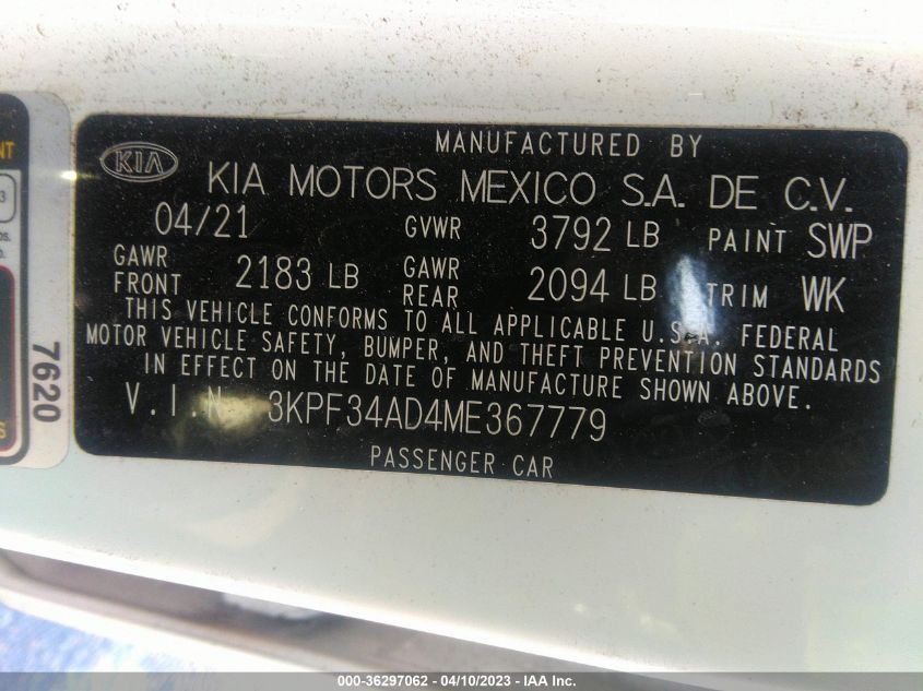 2021 KIA FORTE GT-LINE - 3KPF34AD4ME367779