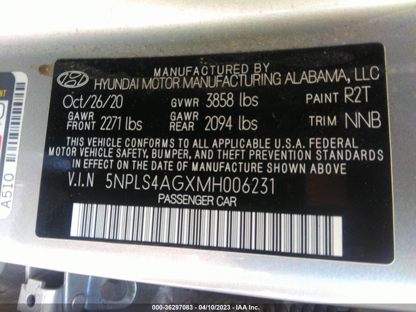 VIN 5NPLS4AGXMH006231 2021 HYUNDAI ELANTRA SEL