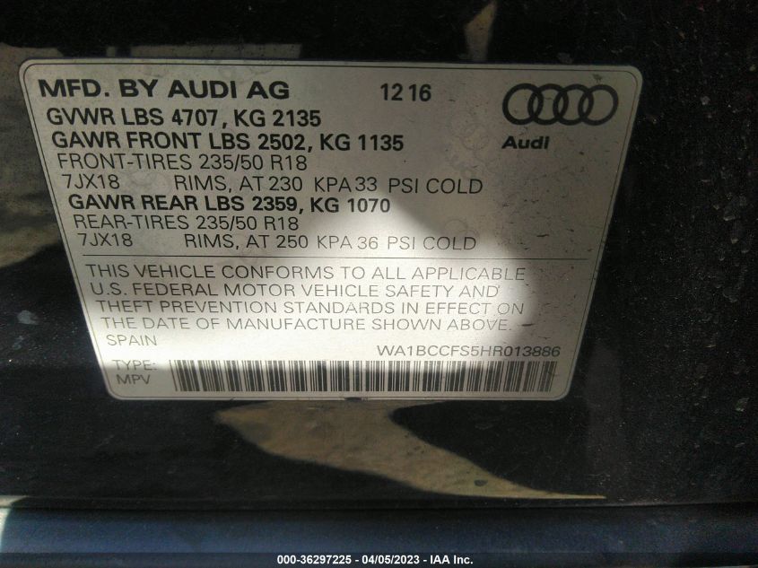 2017 AUDI Q3 PREMIUM - WA1BCCFS5HR013886