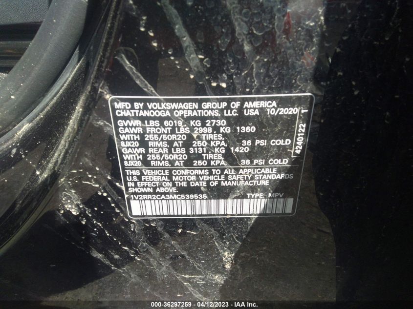 2021 VOLKSWAGEN ATLAS 3.6L V6 SE W - 1V2RR2CA3MC539535