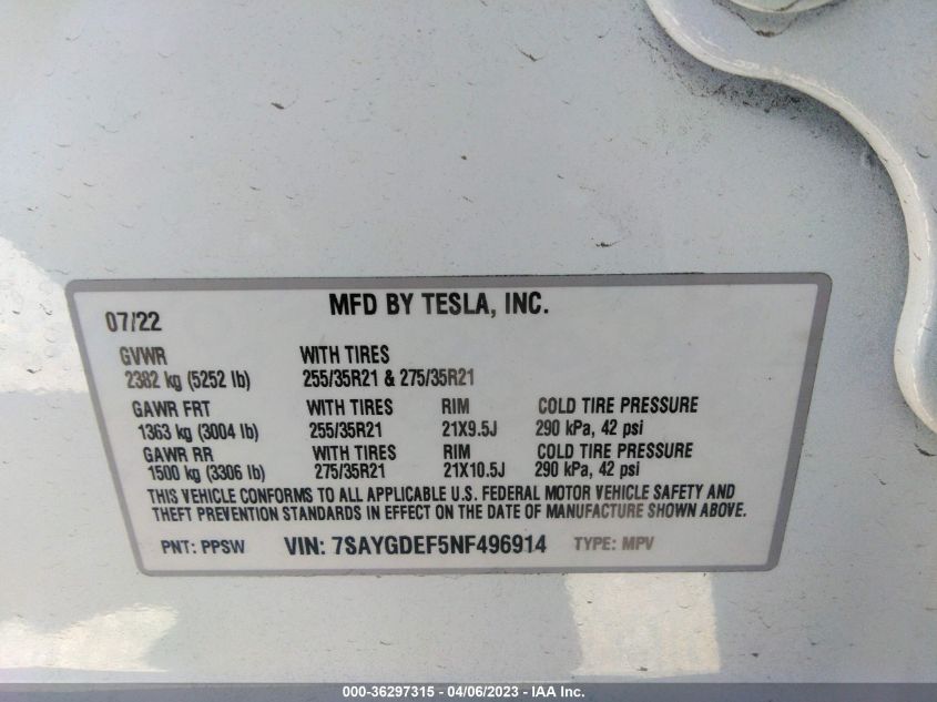 2022 TESLA MODEL Y PERFORMANCE - 7SAYGDEF5NF496914