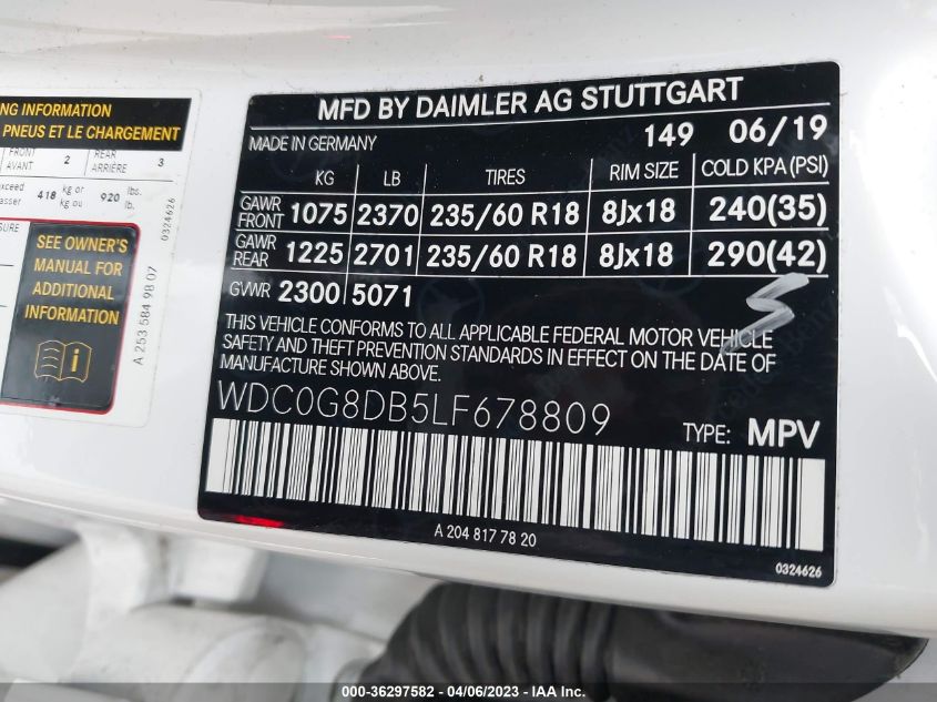 2020 MERCEDES-BENZ GLC GLC 300 - WDC0G8DB5LF678809