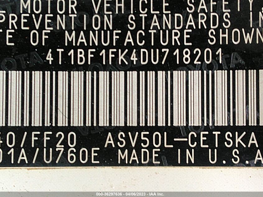 2013 TOYOTA CAMRY L/LE/SE/XLE - 4T1BF1FK4DU718201