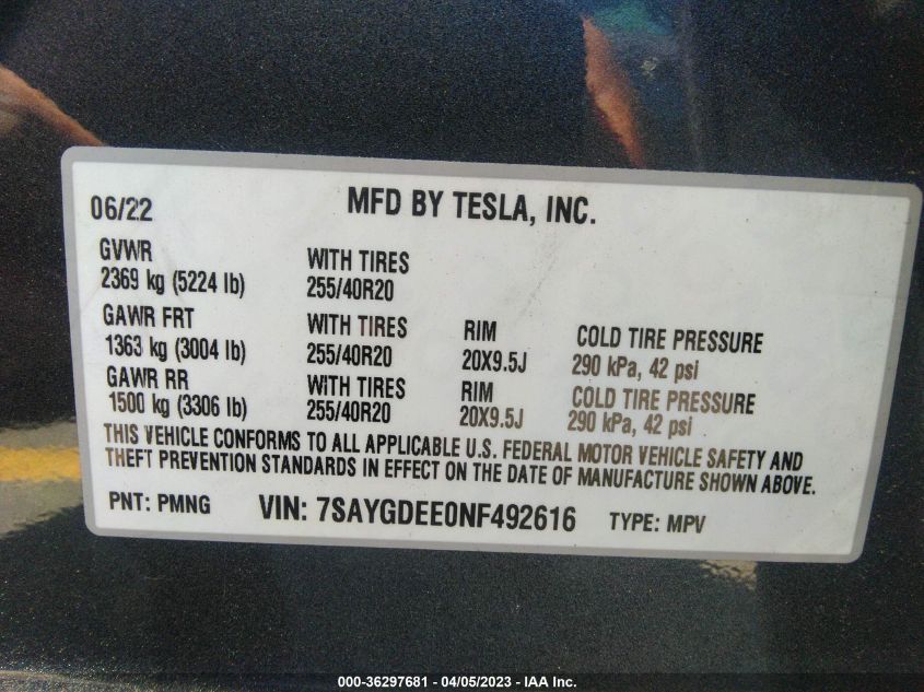 2022 TESLA MODEL Y LONG RANGE - 7SAYGDEE0NF492261