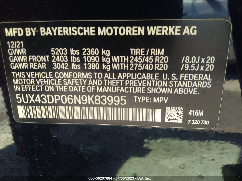 2022 BMW X3 SDRIVE30I - 5UX43DP06N9K83995