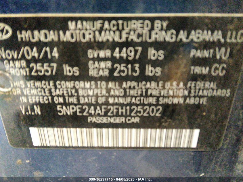 2015 HYUNDAI SONATA 2.4L SE - 5NPE24AF2FH125202