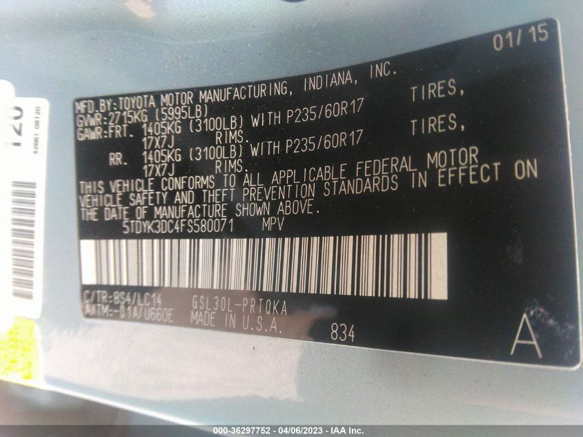 2015 TOYOTA SIENNA XLE - 5TDYK3DC4FS580071