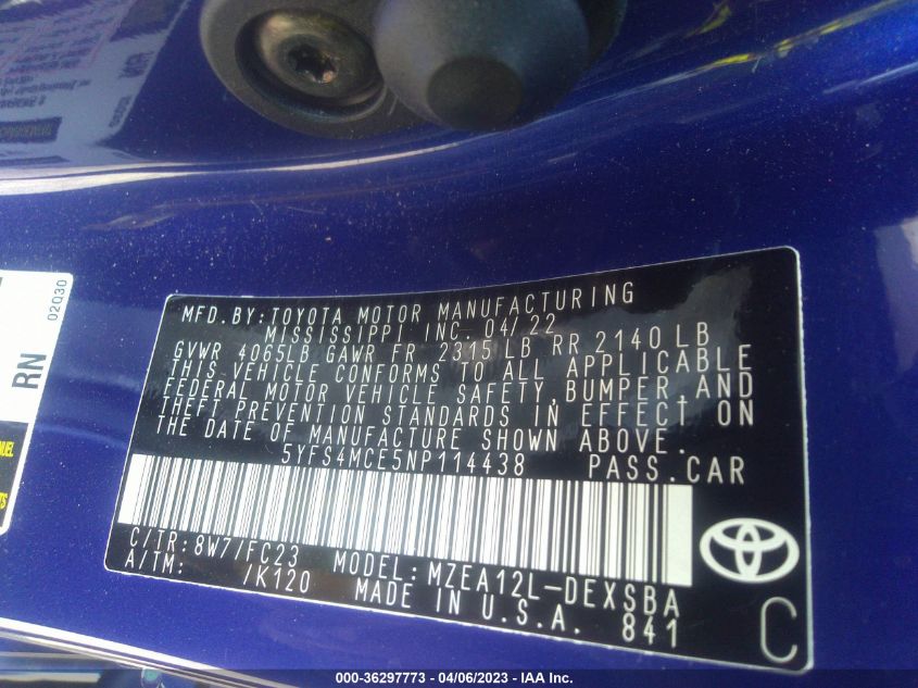 2022 TOYOTA COROLLA SE/SE NIGHTSHADE/APEX SE - 5YFS4MCE5NP114438