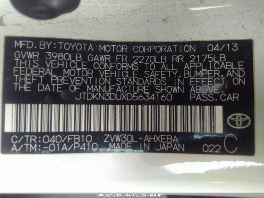 2013 TOYOTA PRIUS ONE/TWO/THREE/FOUR/FIVE - JTDKN3DUXD5634160