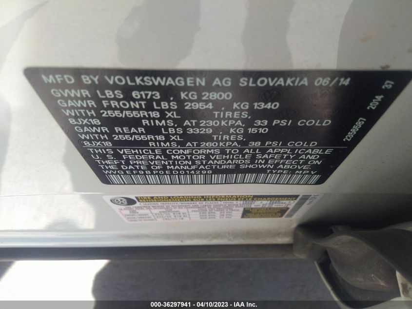 2014 VOLKSWAGEN TOUAREG SPORT WVGEF9BP0ED014298