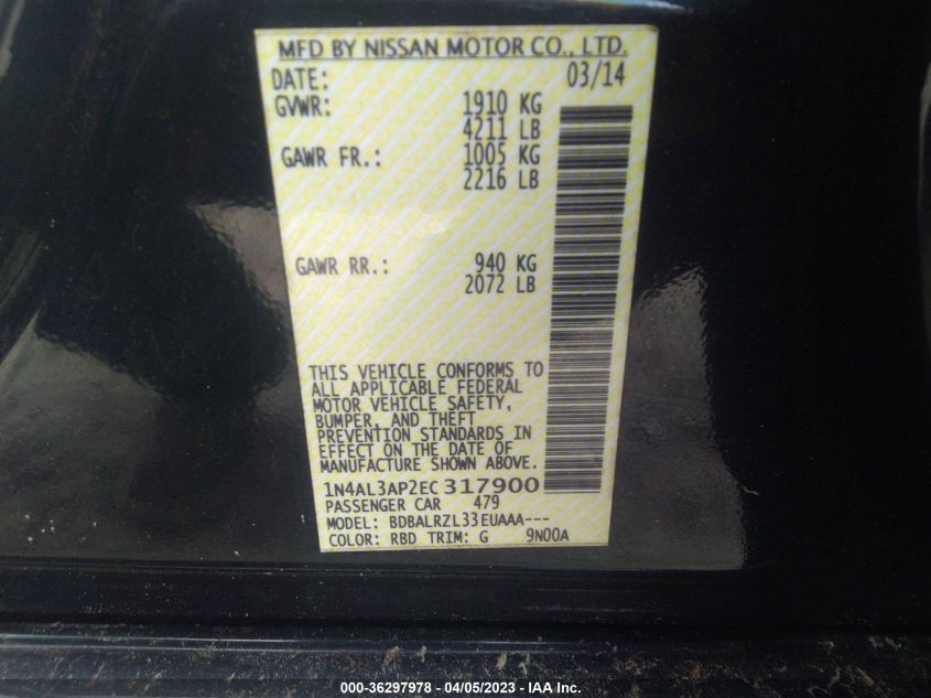2014 NISSAN ALTIMA 2.5 S - 1N4AL3AP2EC317900