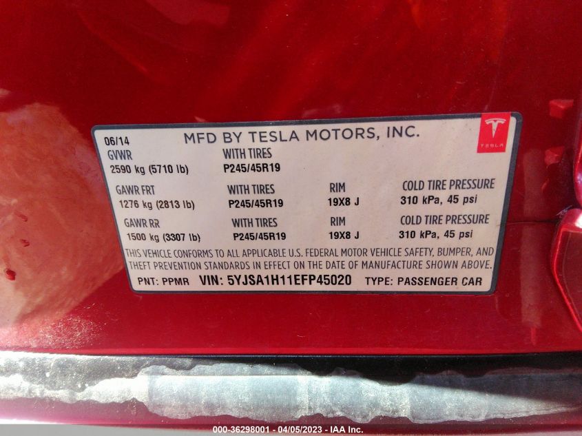 2014 TESLA MODEL S P85 - 5YJSA1H11EFP45020