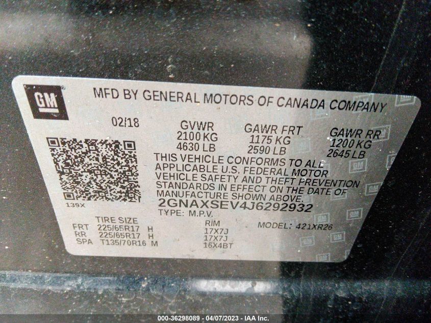 2018 CHEVROLET EQUINOX LT - 2GNAXSEV4J6292932