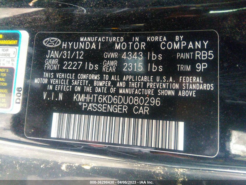 2013 HYUNDAI GENESIS COUPE 2.0T KMHHT6KD6DU080296