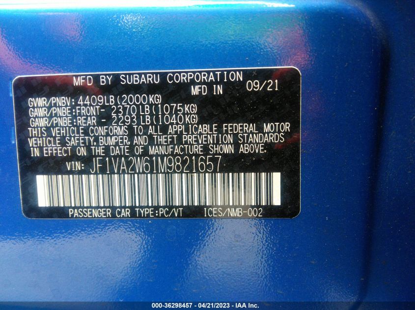2021 SUBARU WRX STI LIMITED - JF1VA2W61M9821657