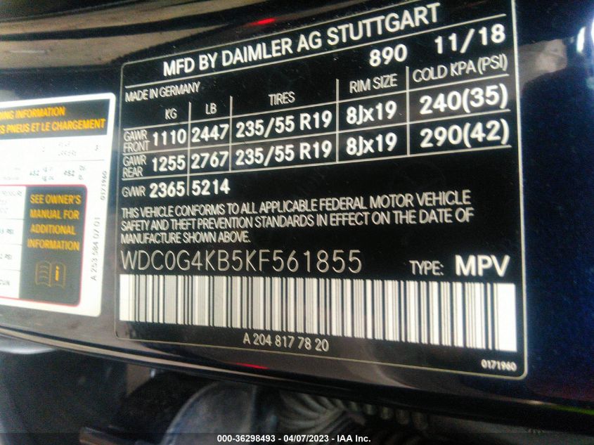 2019 MERCEDES-BENZ GLC GLC 300 - WDC0G4KB5KF561855